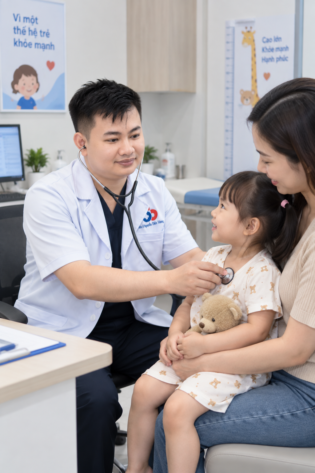 Bác sĩ ân cần kiểm tra cho bé