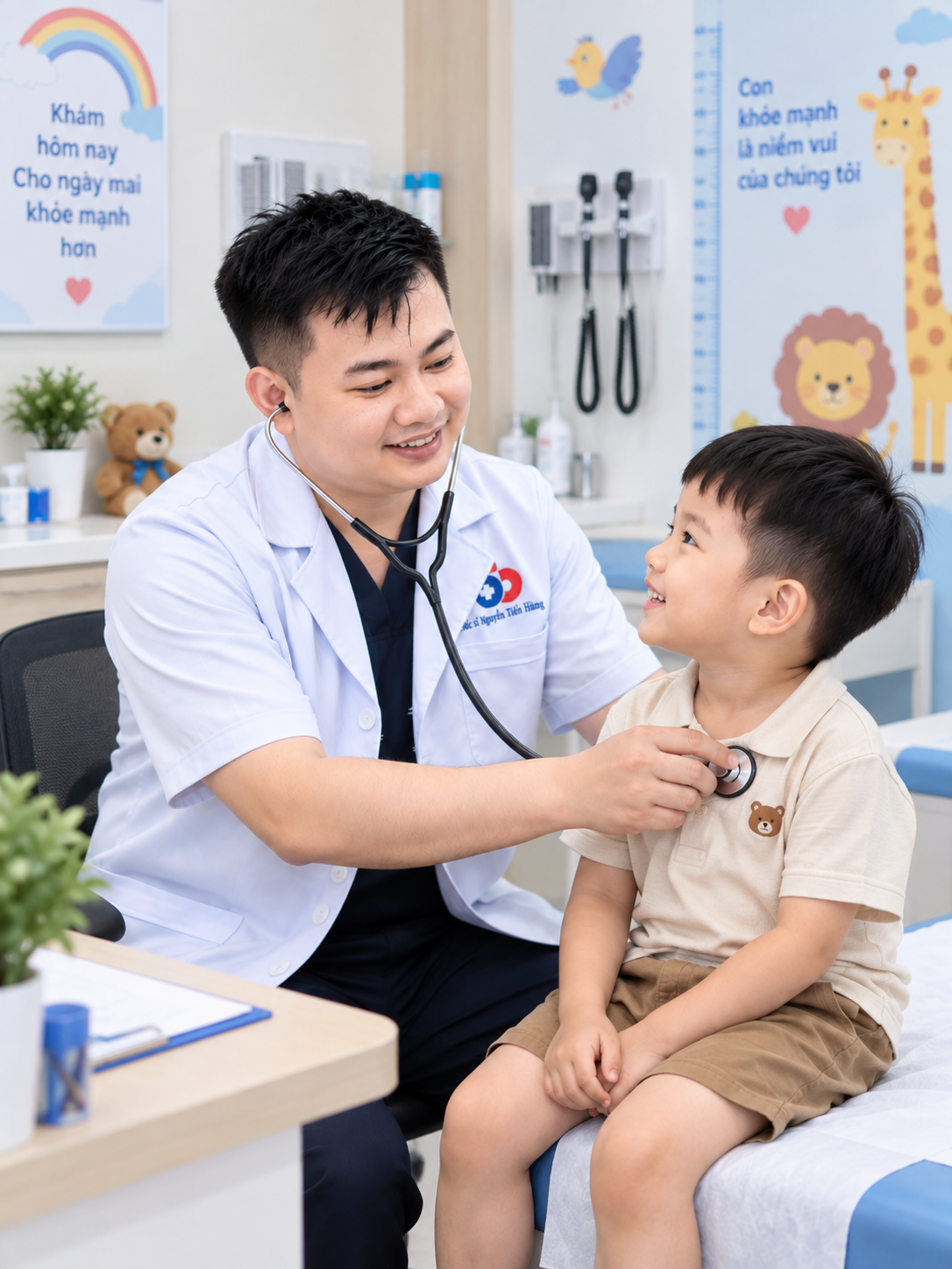 Bác sĩ Hùng khám ân cần cho em bé