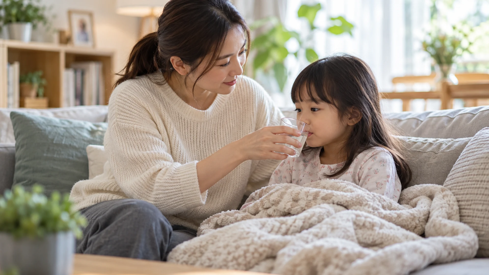 Mẹ chăm sóc trẻ nghỉ ngơi và uống nước tại nhà