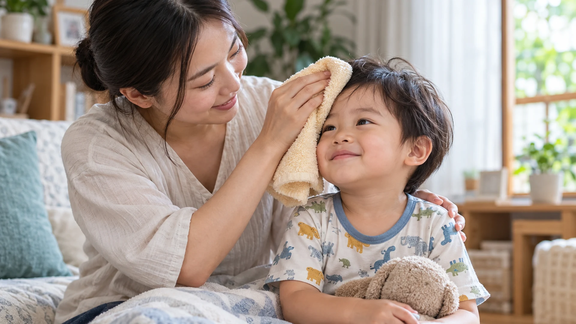 Mẹ dùng khăn ấm lau nhẹ cho trẻ