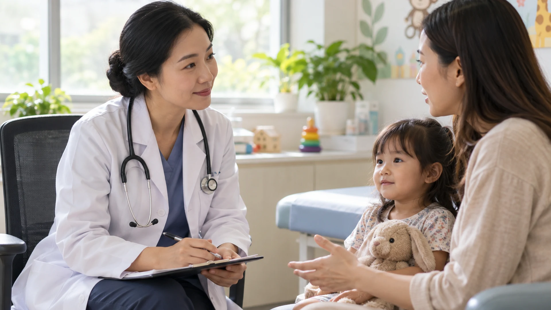 Bác sĩ nhi trao đổi cùng mẹ và trẻ trong phòng khám