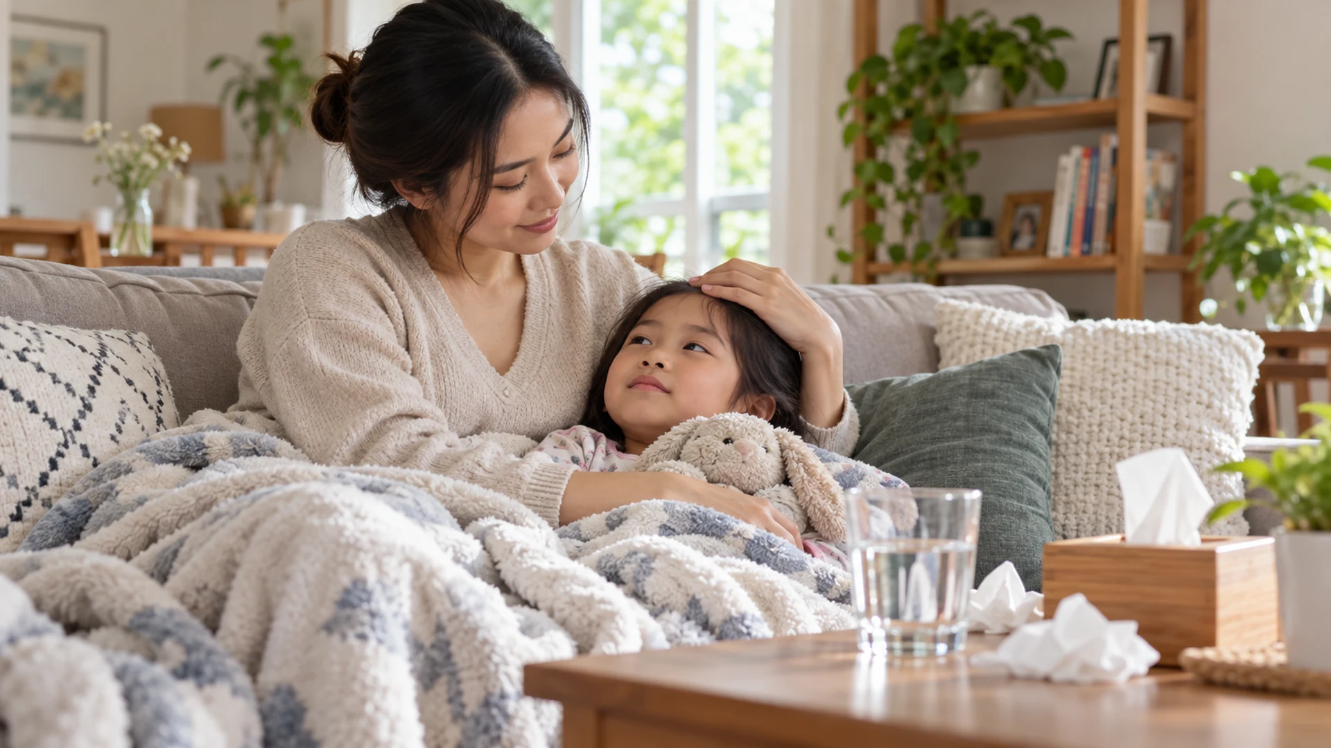 Mẹ chăm sóc trẻ đang nghỉ sau đợt cảm lạnh