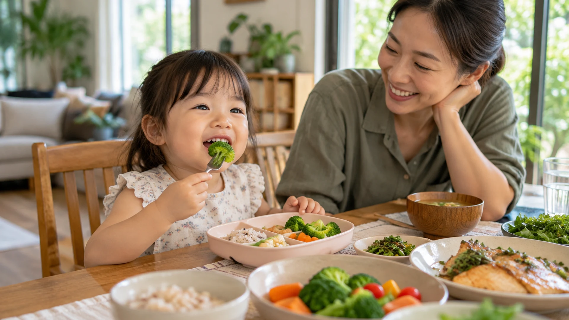 Trẻ ăn bữa cơm gia đình với rau và món dinh dưỡng