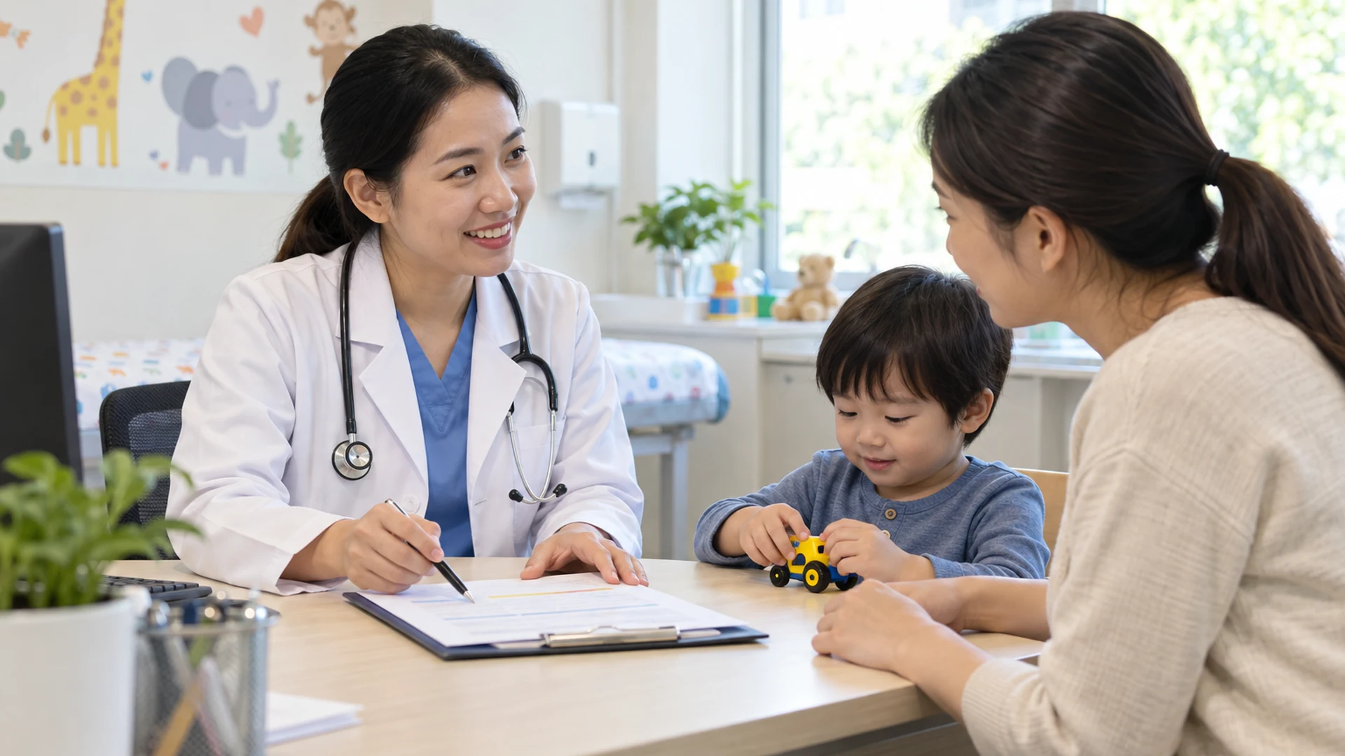 Bác sĩ nhi trao đổi kế hoạch chăm sóc với gia đình