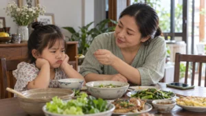 Mẹ kiên nhẫn bên trẻ trong bữa ăn tại nhà