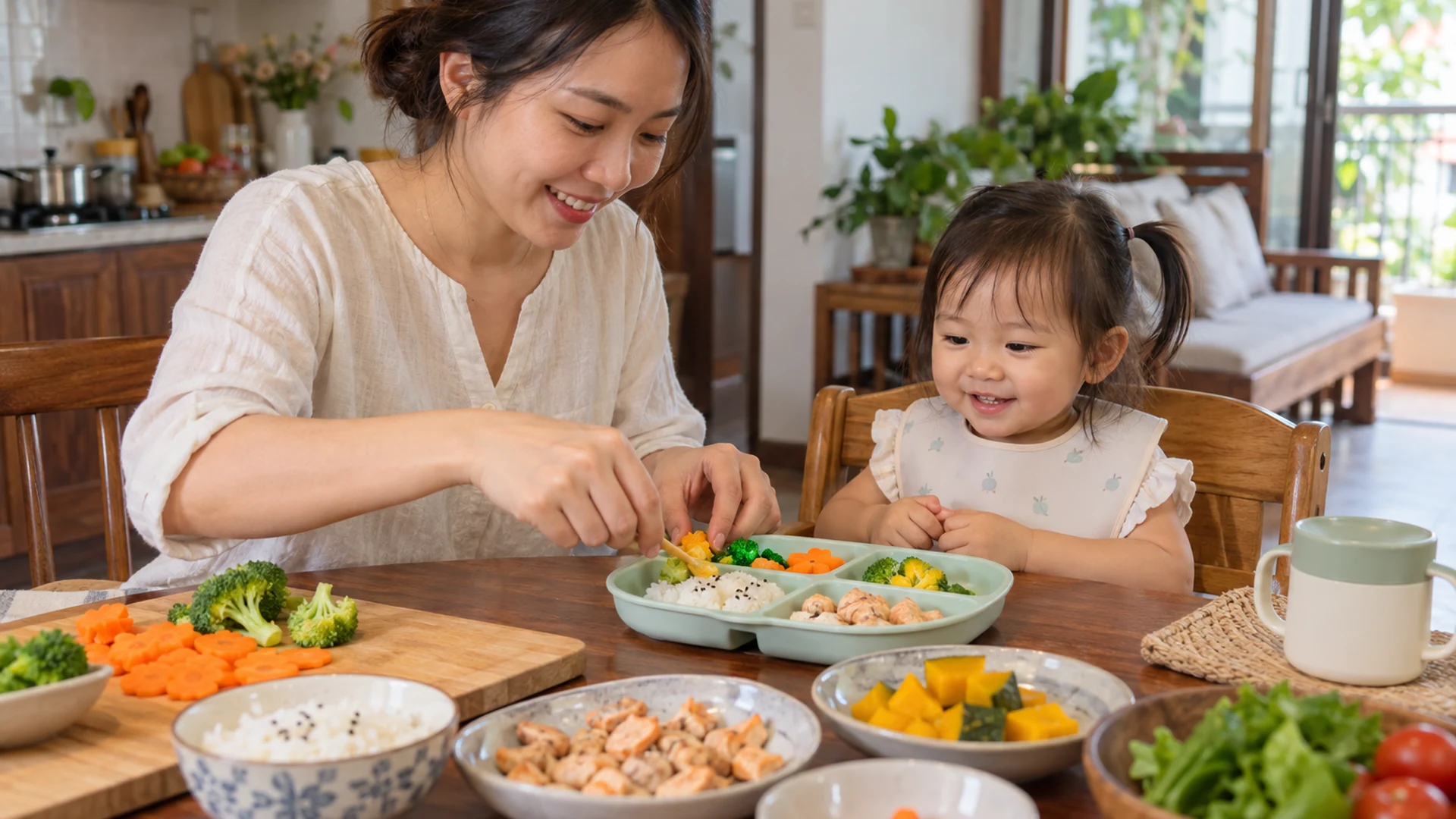 Người chăm sóc chuẩn bị món ăn phù hợp cho trẻ