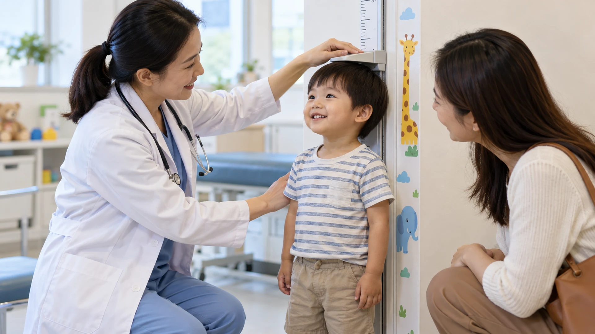 Bác sĩ đo chiều cao cho trẻ trong phòng khám