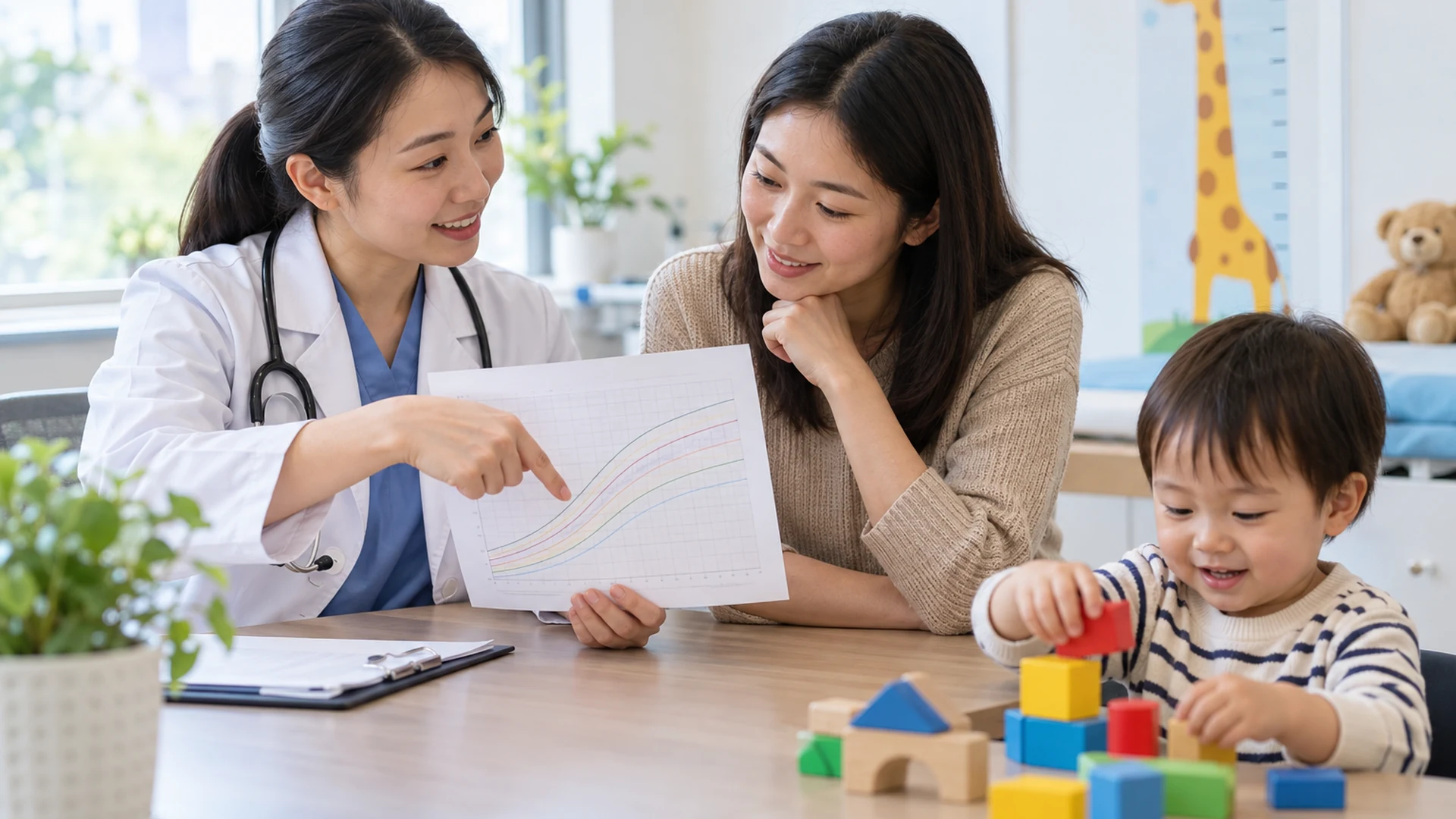 Bác sĩ trao đổi biểu đồ tăng trưởng với mẹ