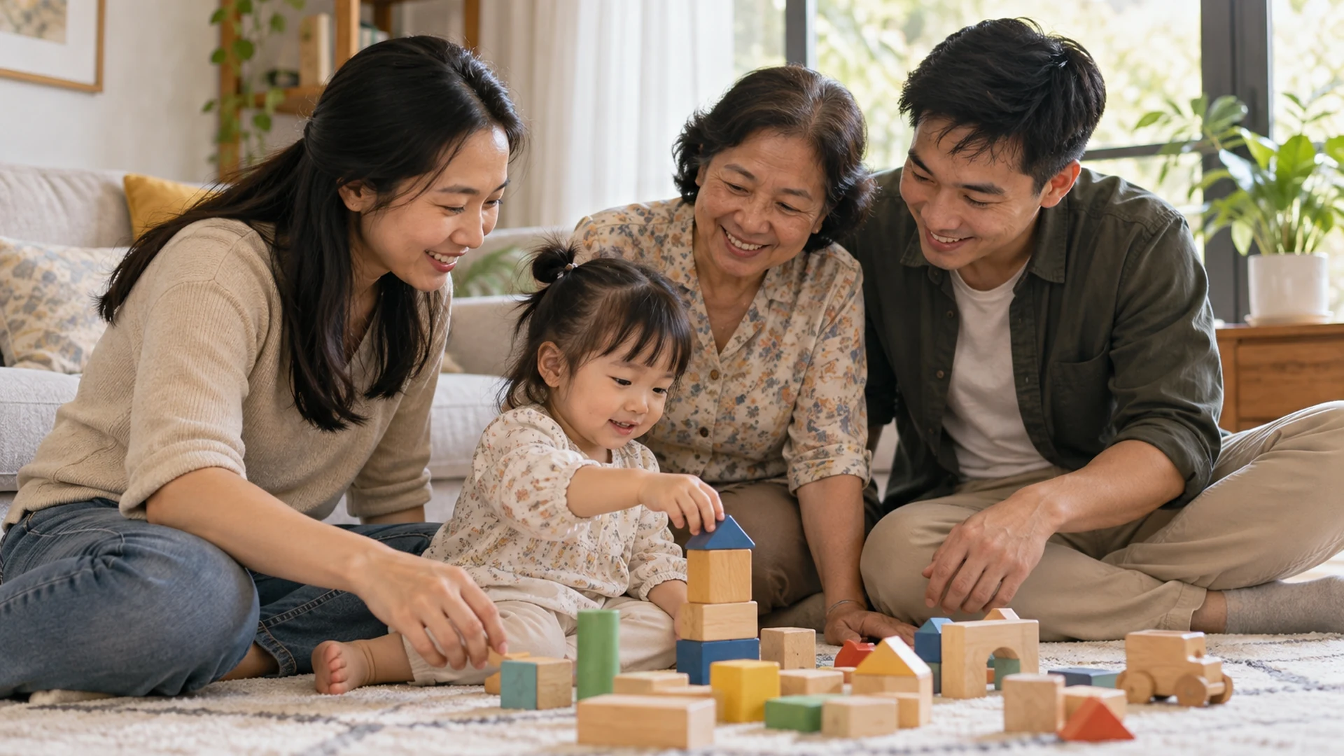 Gia đình cùng chăm sóc và chơi với trẻ