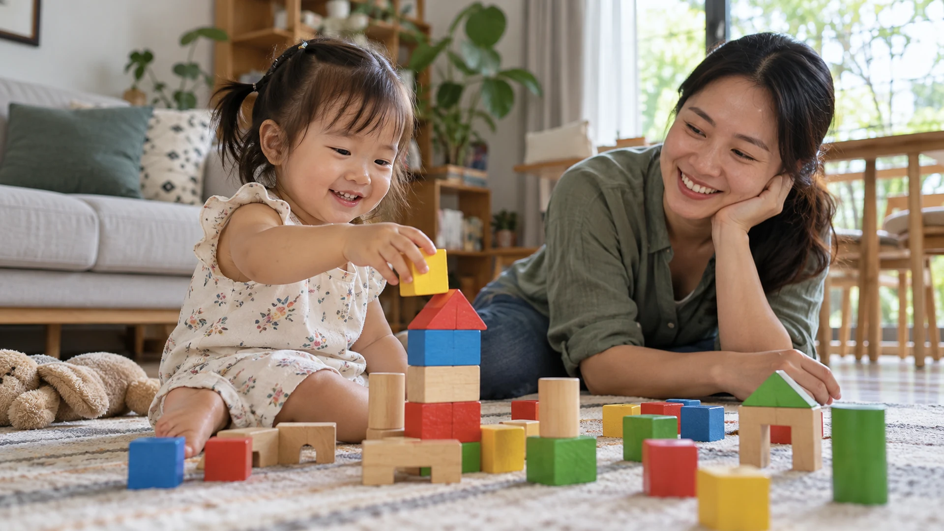 Trẻ vui chơi tại nhà cùng cha mẹ