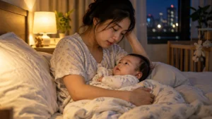 Mẹ chăm sóc em bé trong đêm