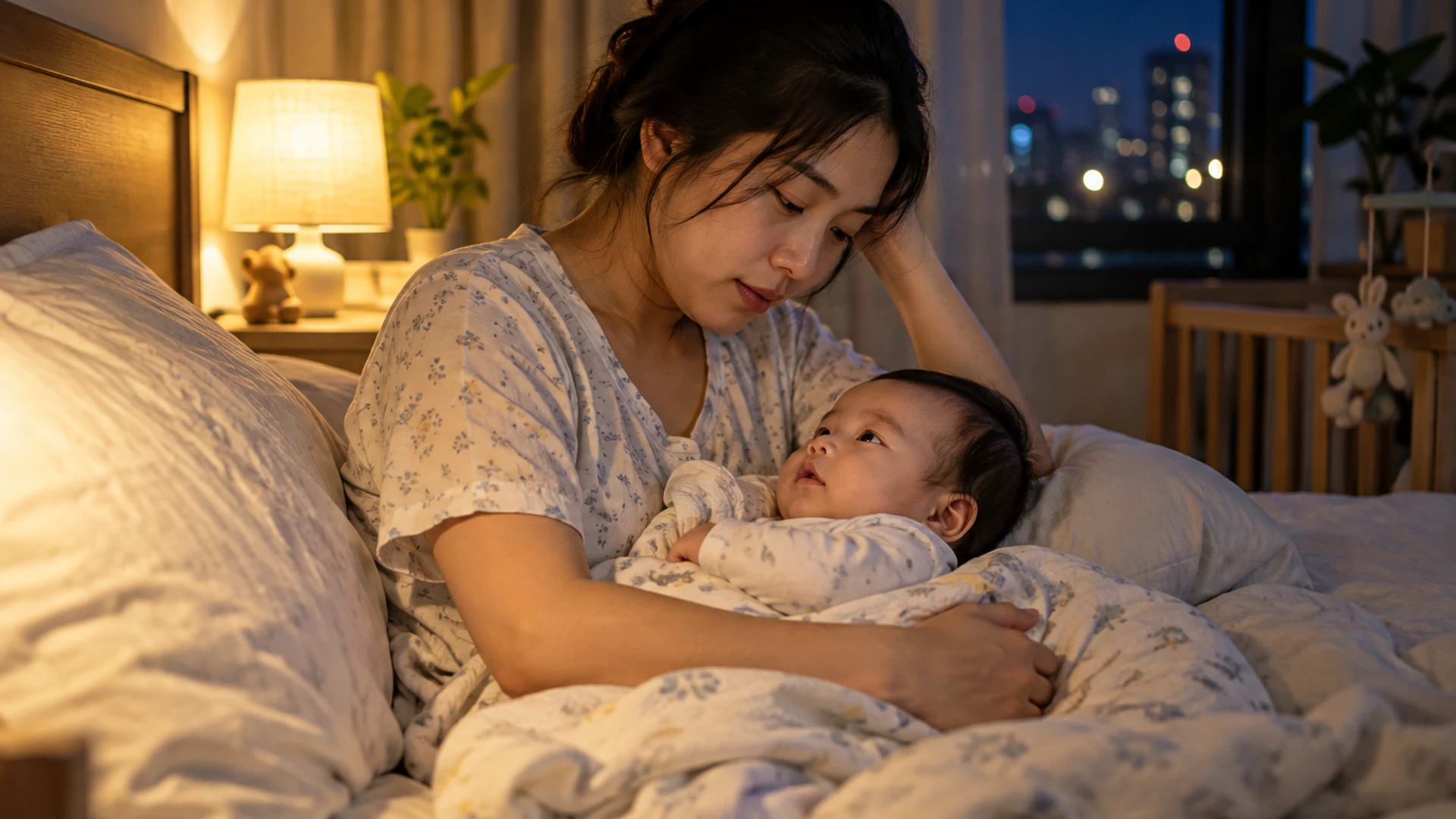 Mẹ chăm sóc em bé trong đêm