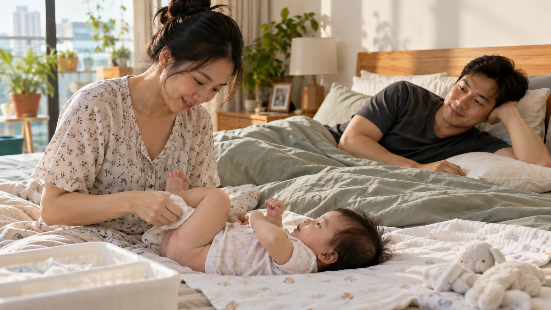 Cha mẹ thay nhau chăm sóc em bé