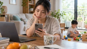 Mẹ xem thông tin trực tuyến khi chăm sóc trẻ