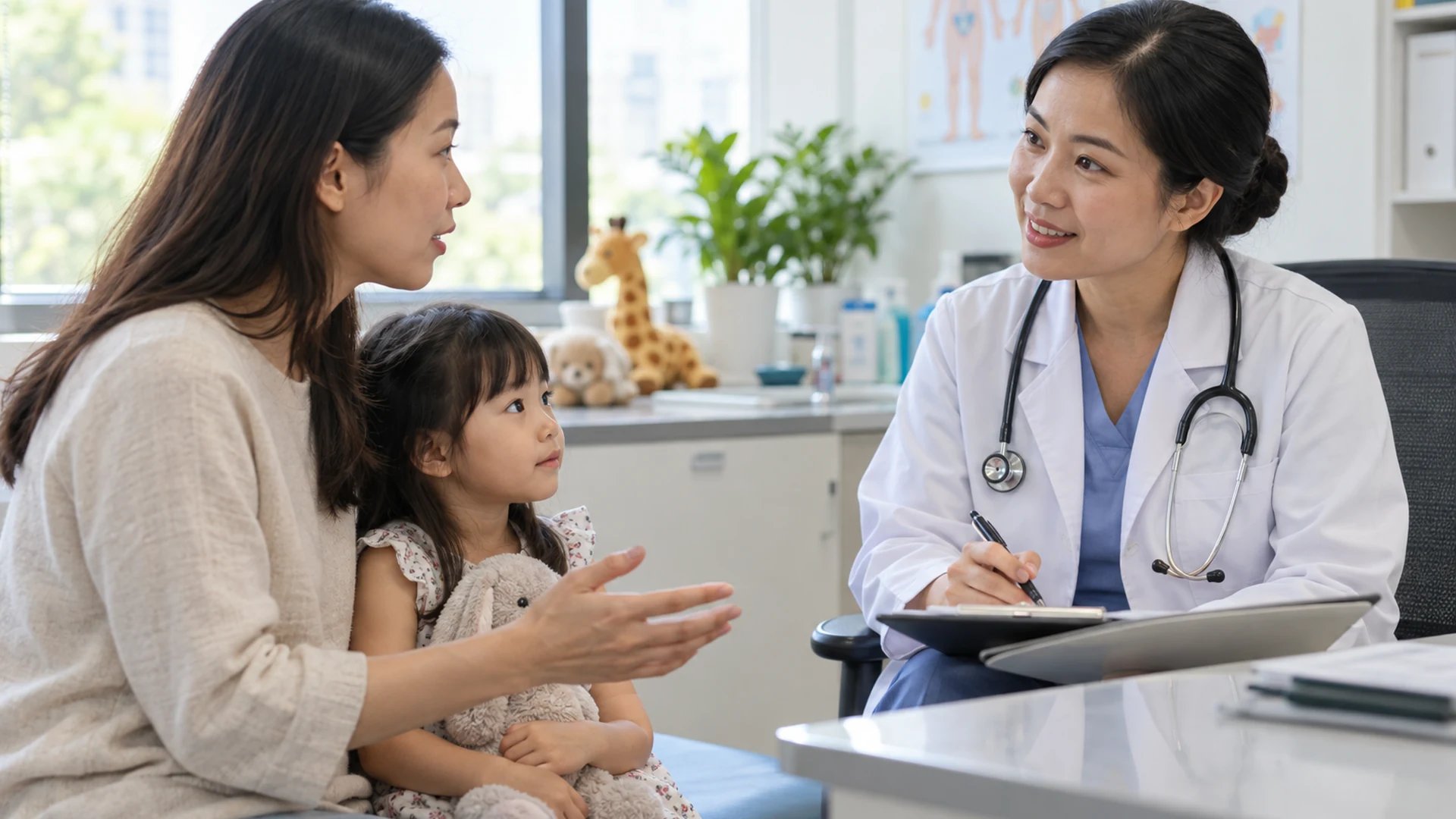 Bác sĩ lắng nghe câu hỏi của phụ huynh