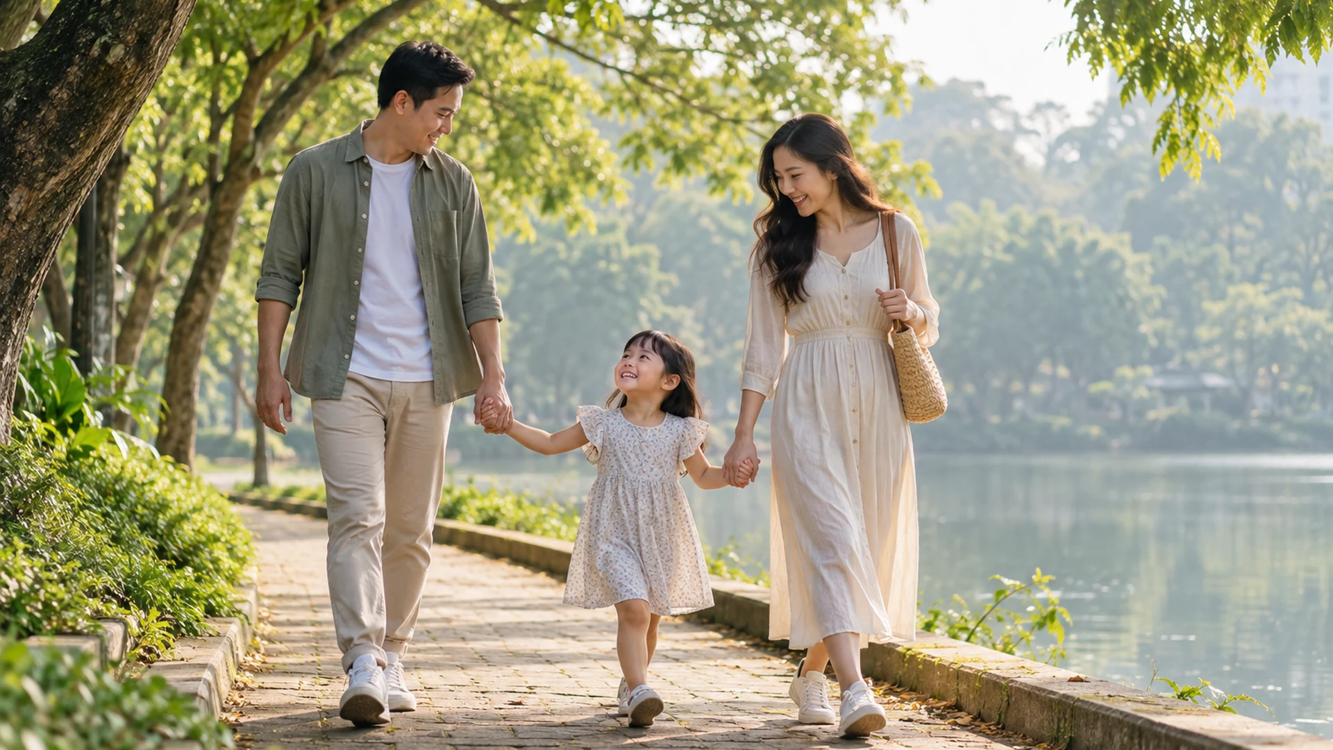 Gia đình đi dạo cùng trẻ